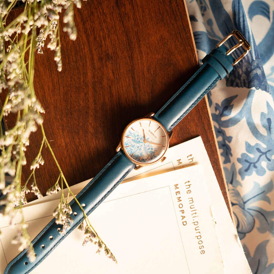 New Simply Strawberry Thief | Woad Blue Italian Leather | Rose Gold (2023) - August Berg