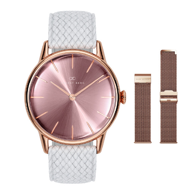 Orchid Rose Gold Classic Gift Set 40mm | White Perlon Strap & Rose Gold Mesh Strap - August Berg