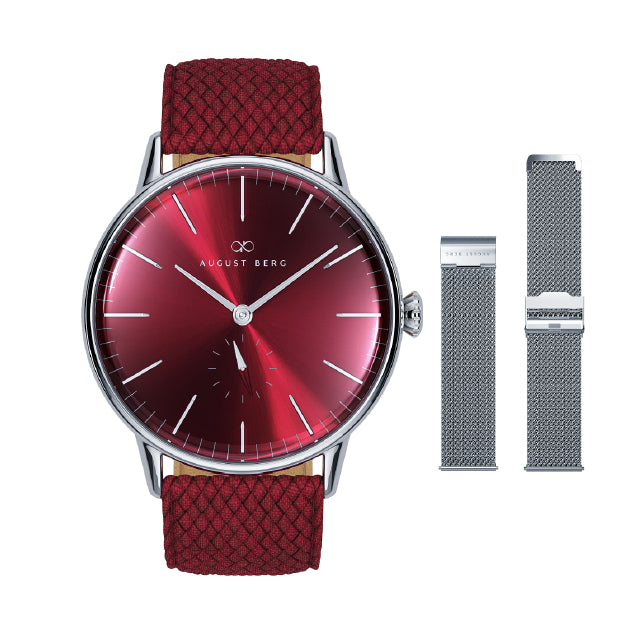 Burgundy Silver Classic Eye Gift Set 40mm | Burgundy Perlon Strap & Silver Mesh Strap - August Berg