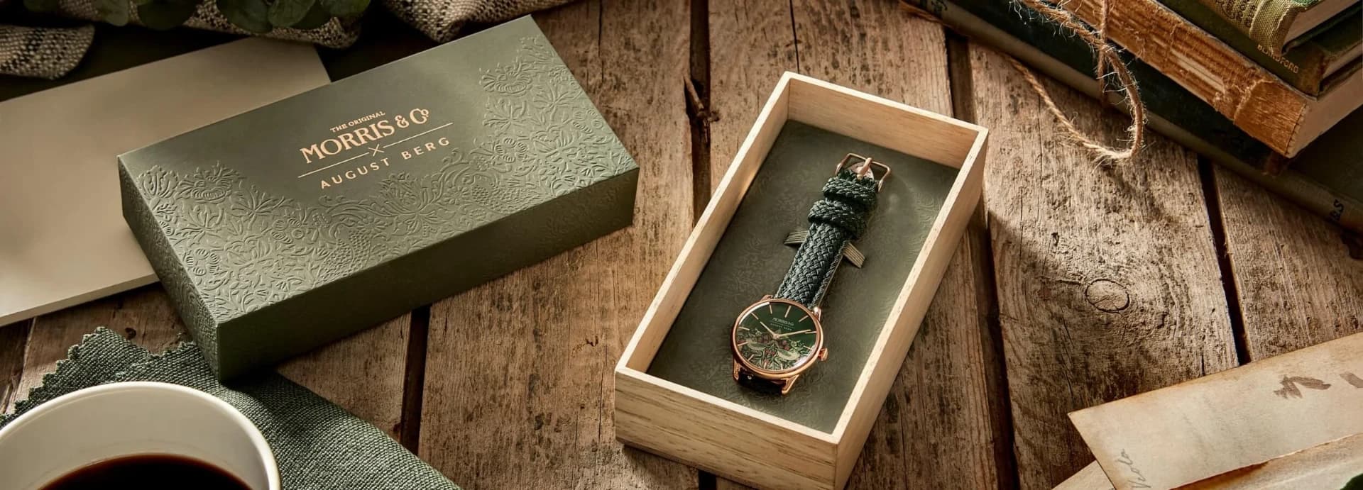 Morris & Co. Strawberry Thief watch with green braided strap on floral pattern