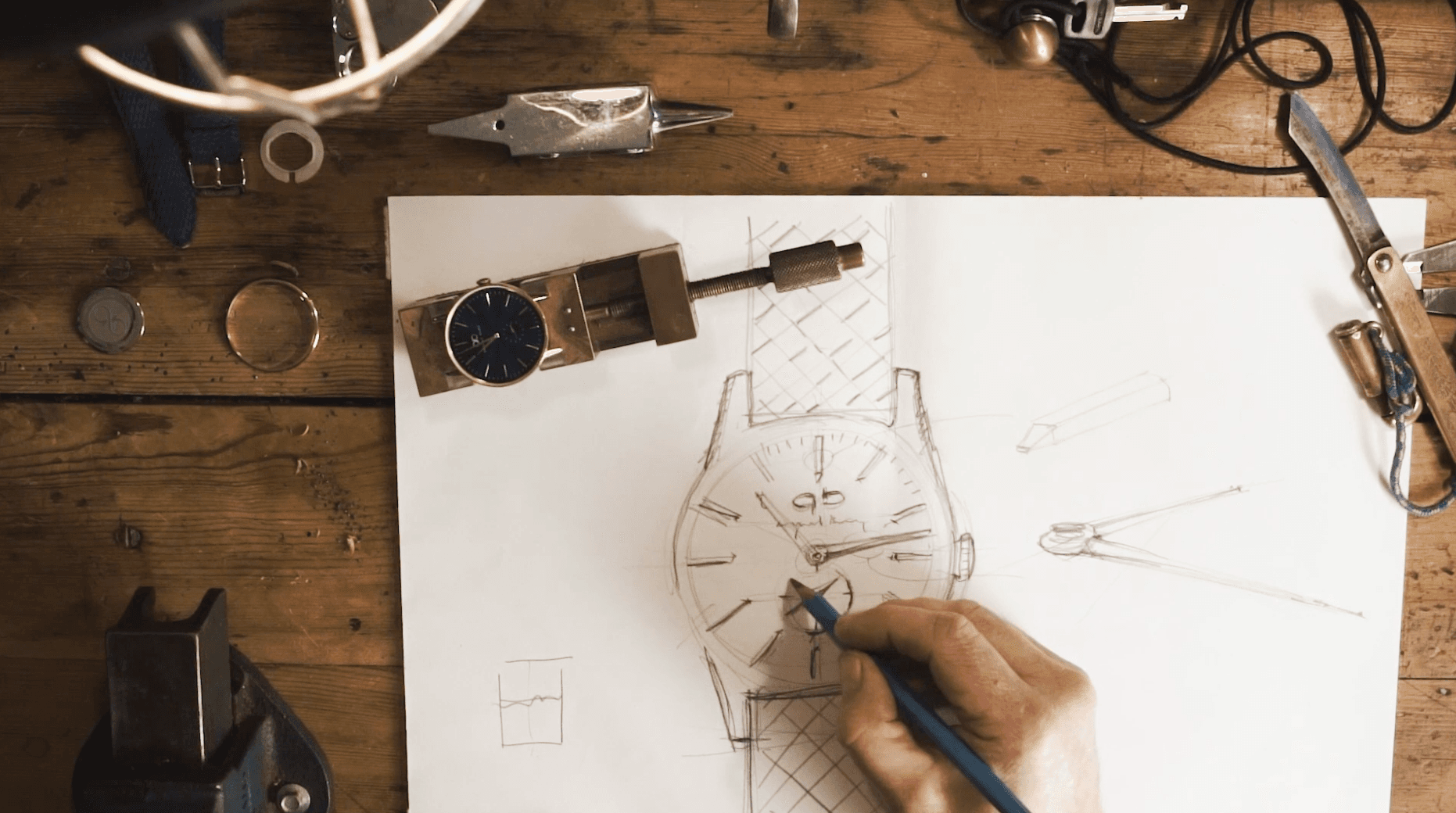 August Berg watchmaking sketch and materials