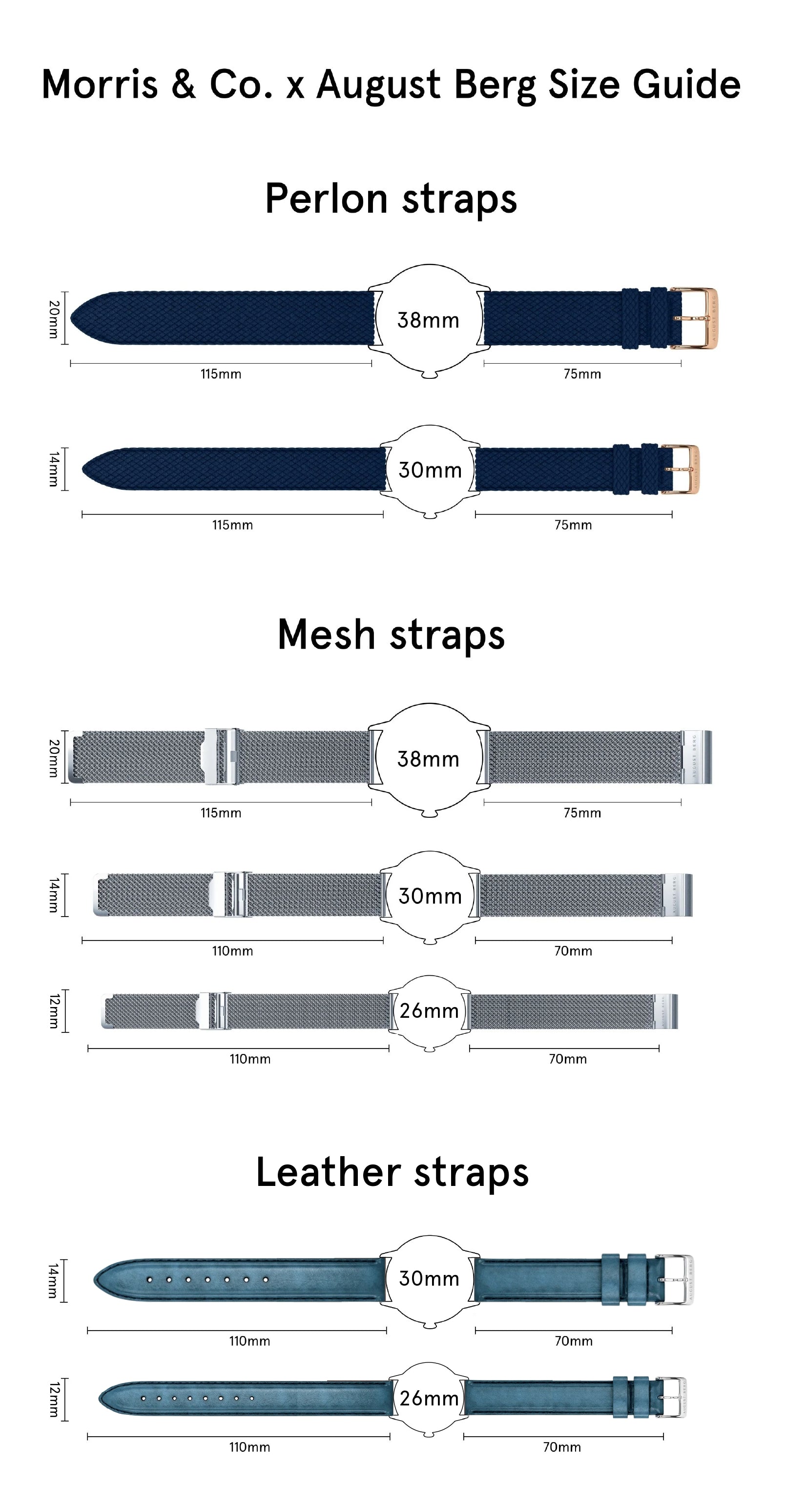 Morris and Co size guide for Perlon, mesh and leather straps on 38 mm, 30 mm and 26 mm cases