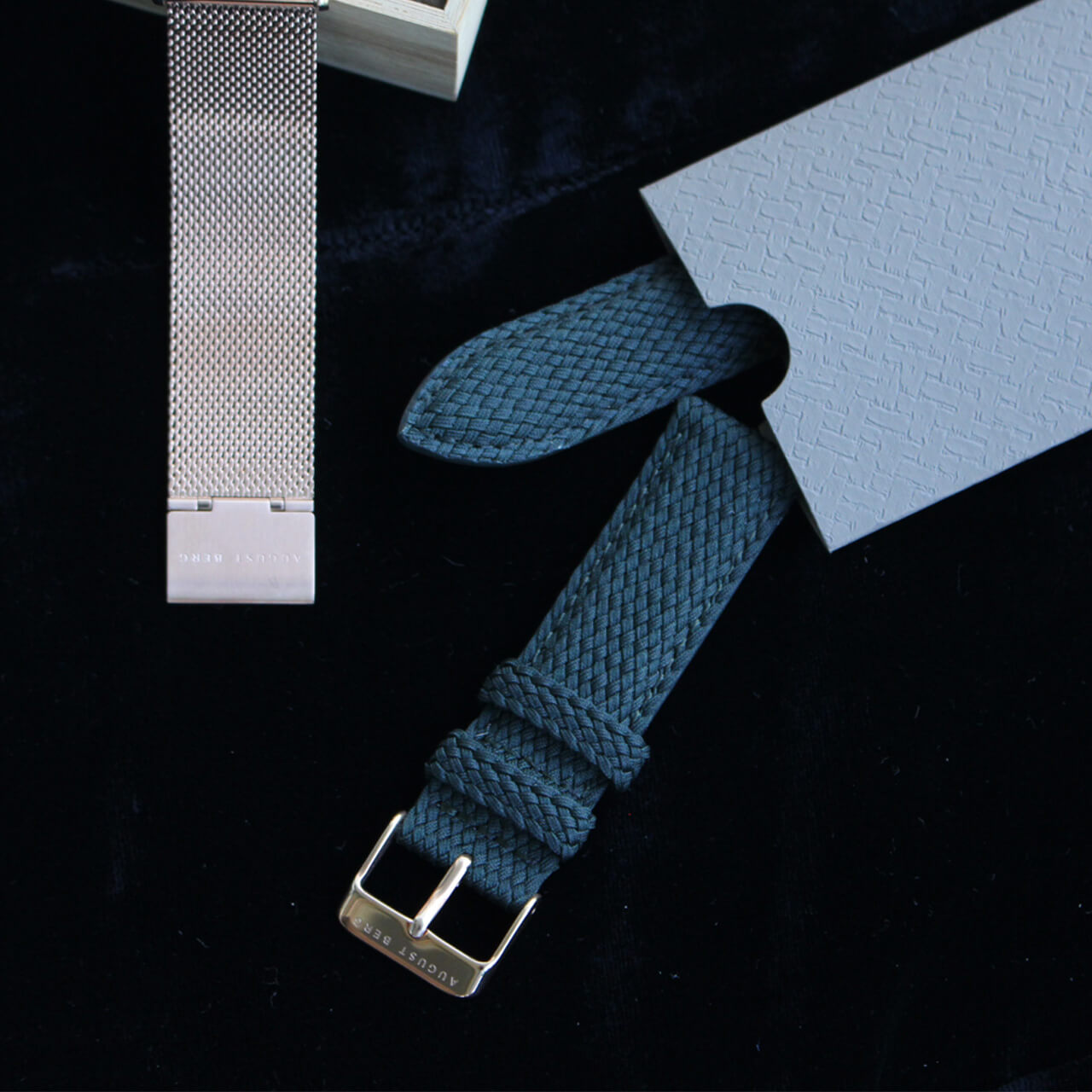 Greenhill Rose Gold Gift Set 40mm | Rose Gold Mesh Strap & Green Perlon Strap - August Berg