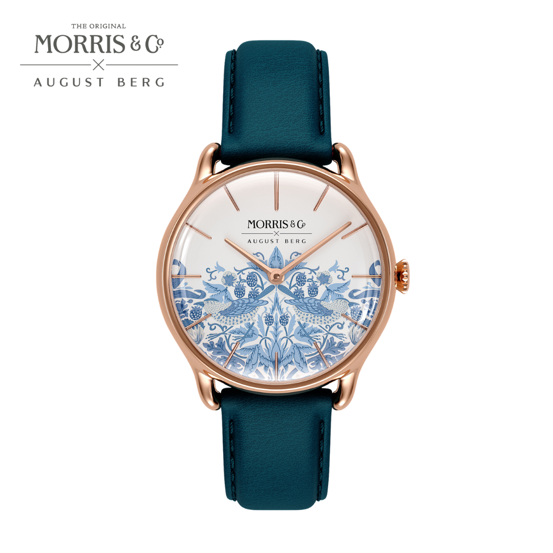 Rose Gold Watch | Woad Blue Italian Leather | Simply Strawberry Thief | AUGUST BERG x MORRIS & CO.