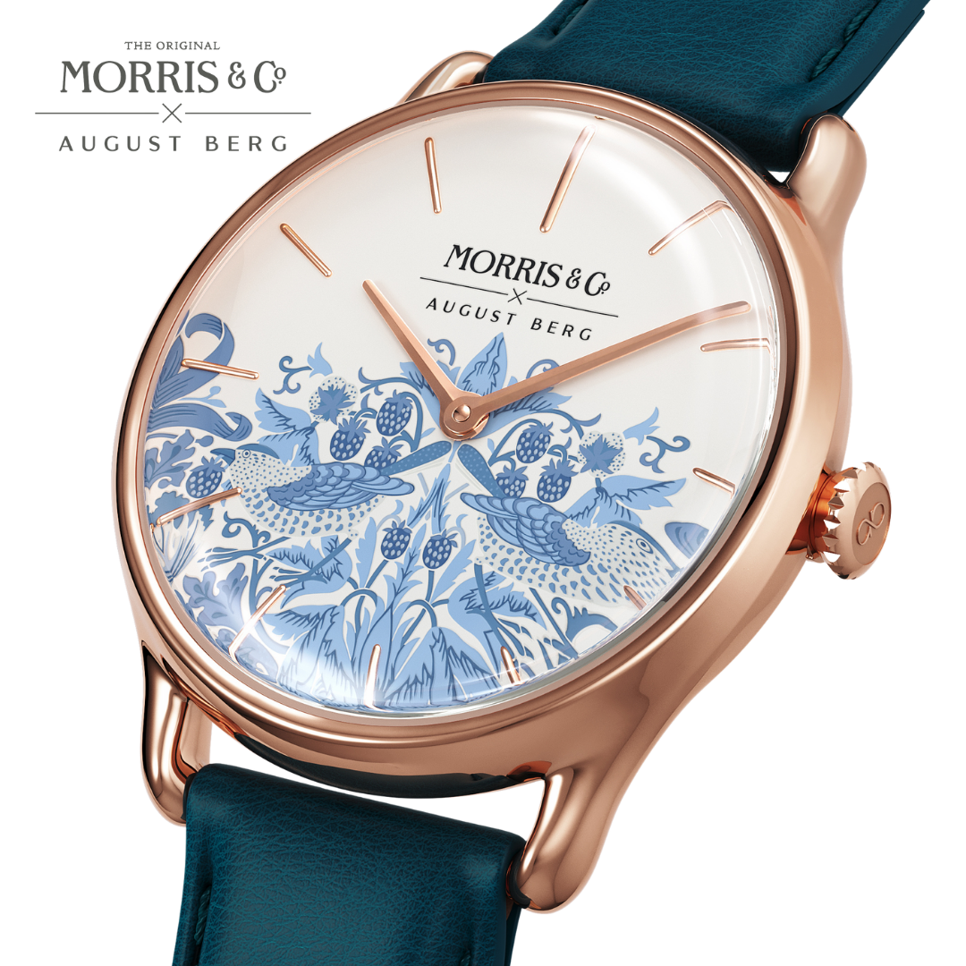 Rose Gold Watch | Woad Blue Italian Leather | Simply Strawberry Thief | AUGUST BERG x MORRIS & CO.