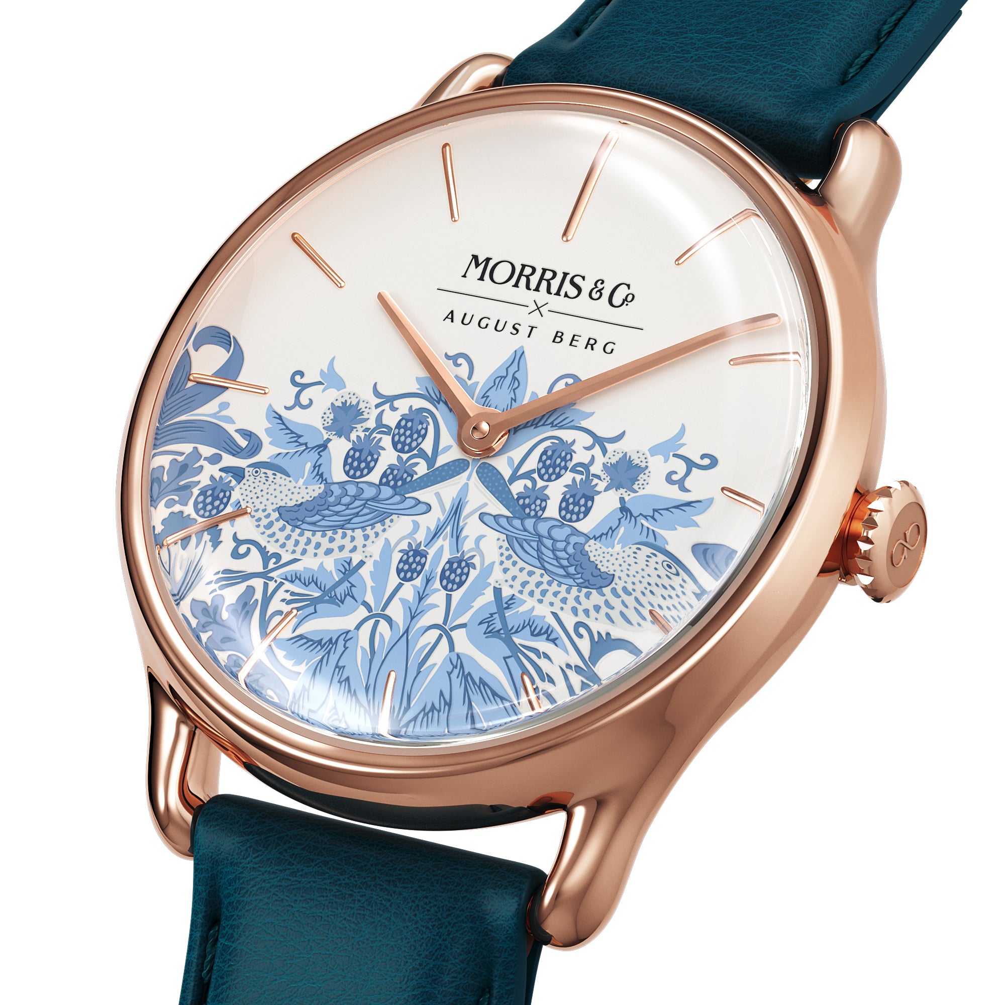 Rose Gold Watch | Woad Blue Italian Leather | Simply Strawberry Thief | AUGUST BERG x MORRIS & CO.