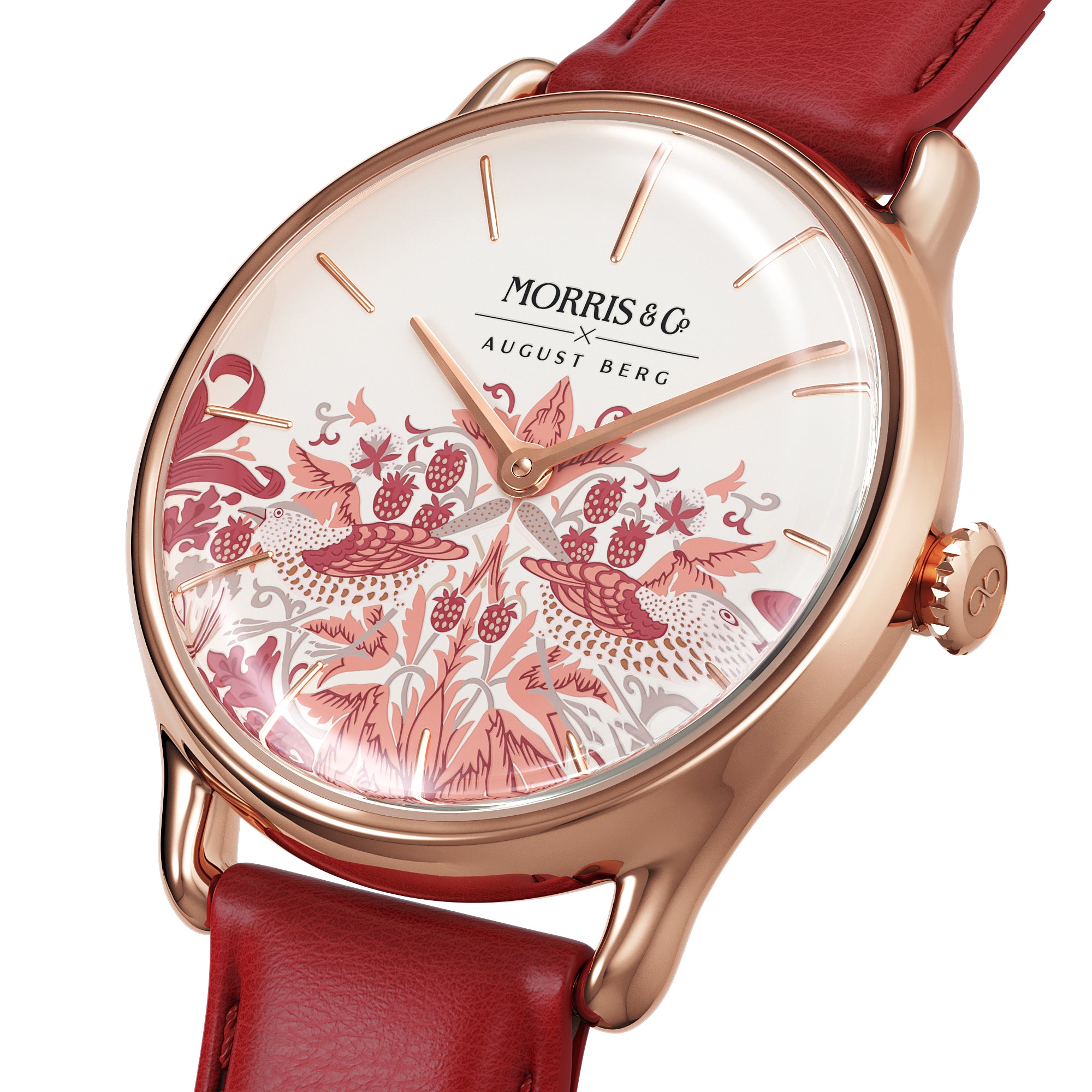AUGUST BERG x MORRIS & CO. | Rose Gold Strawberry Thief | Madder Rouge Italian Leather