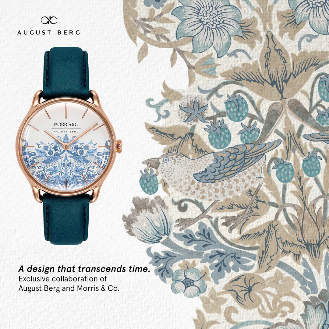 時計 August Berg x Morris & Co. Petite Strawberry Thief Rose Gold Fennel Leather Strap Watch