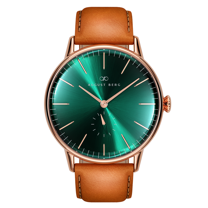 august berg Green Dial Rose Gold Watch With Brown Strap
