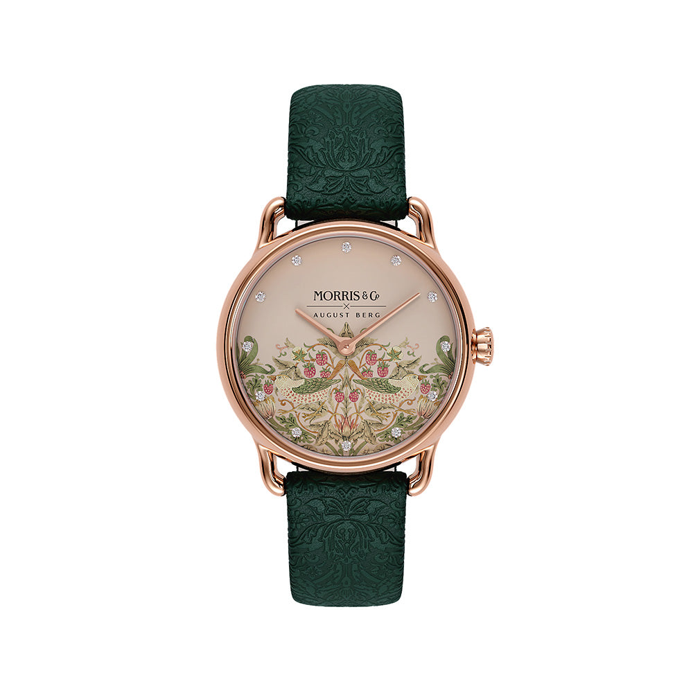 Petite Strawberry Thief Rose Gold Fennel Leather Strap Watch - August Berg