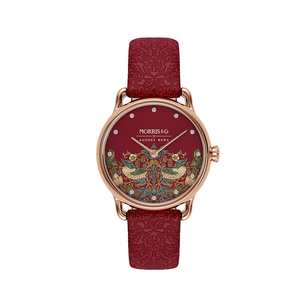 Petite Strawberry Thief Rose Gold Crimson Leather Strap Watch - August Berg